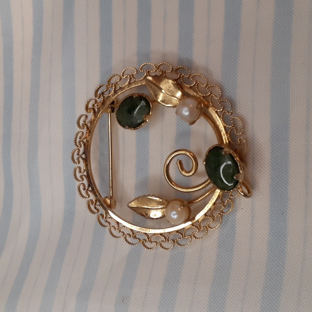 D'OR Gold Filled Jade Pearl Wreath Brooch Vintage